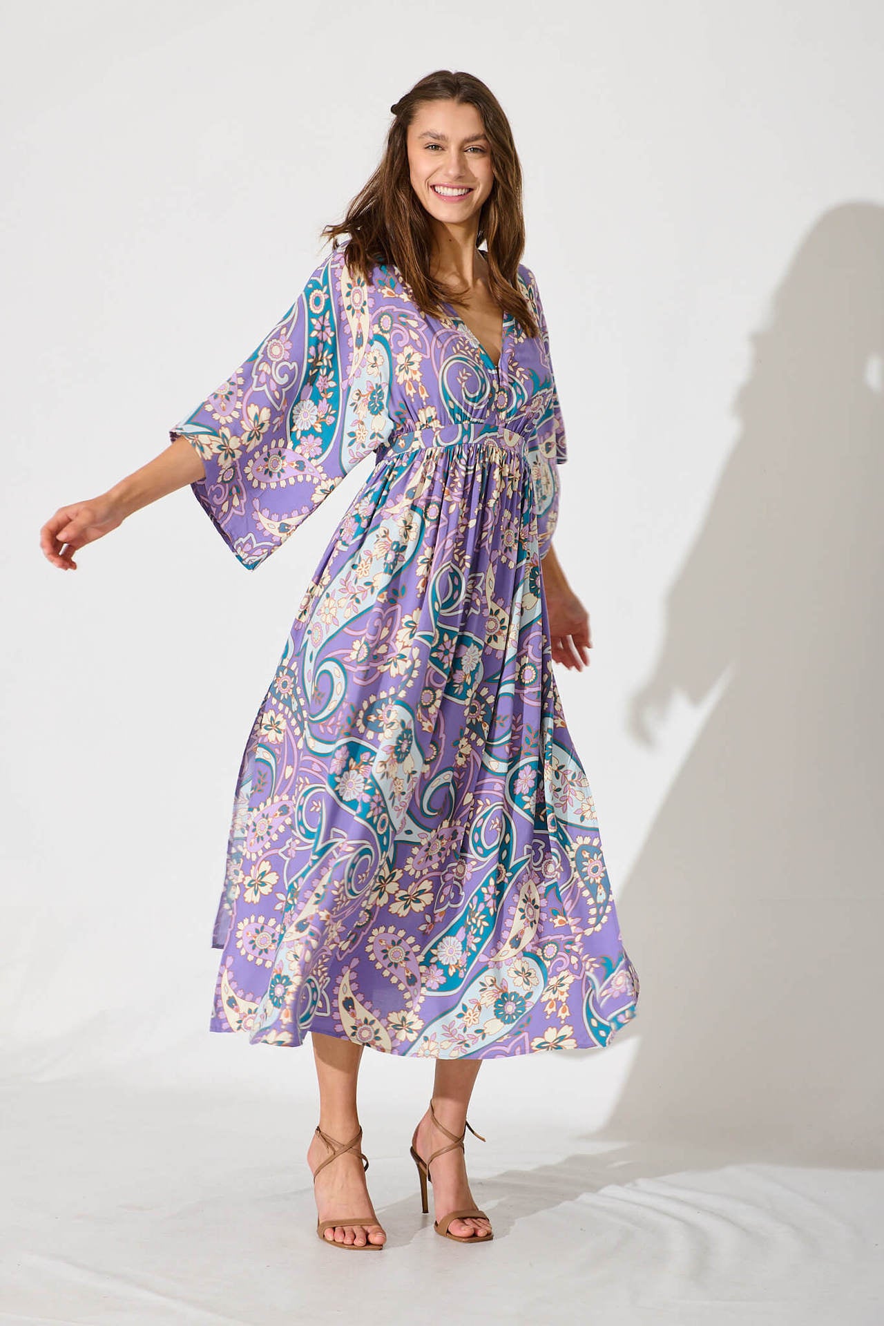 V-Neck Batwing Sleeve Printed Slim Maxi in - by Malbusaat