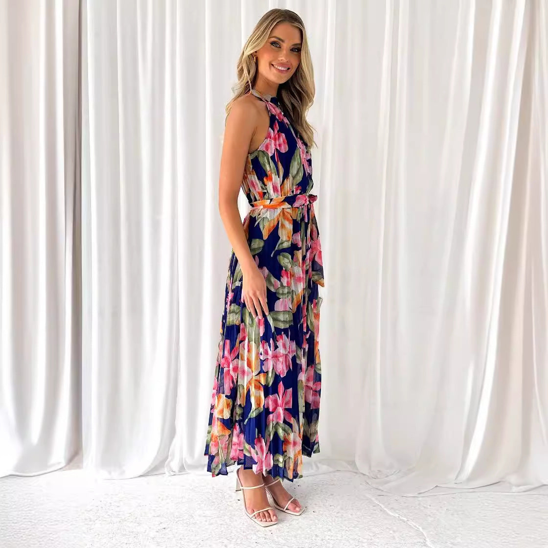 Floral Mock Neck Belted A-Line Maxi
