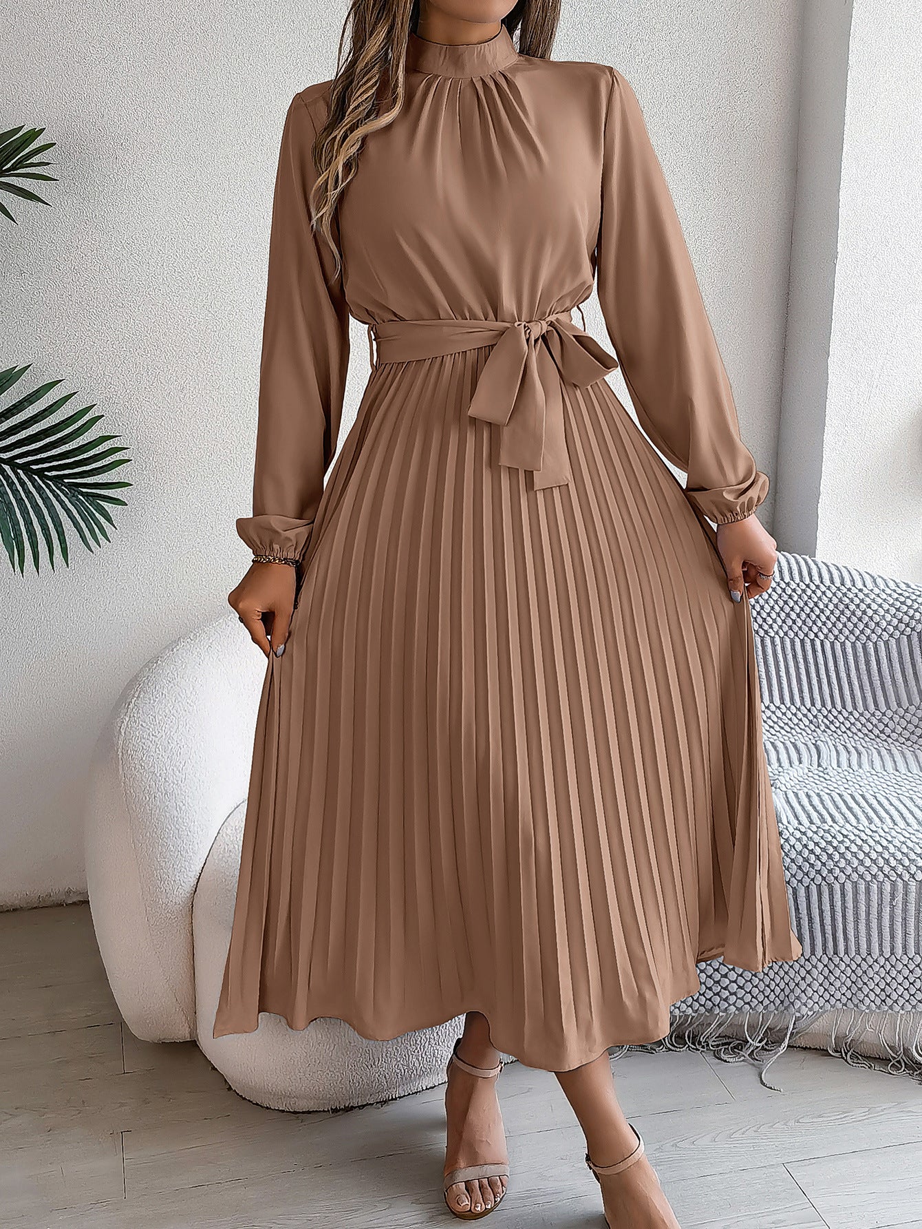Elegant Stand Collar Pleated Maxi in - by Malbusaat