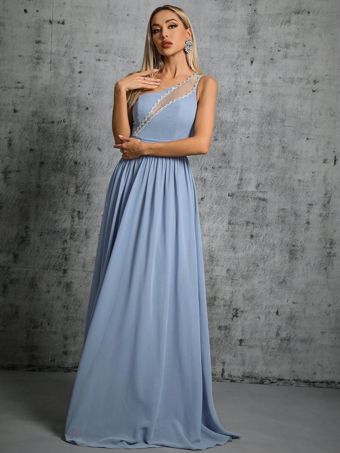Elegant One-Shoulder Sequin Maxi in Blue - by Malbusaat