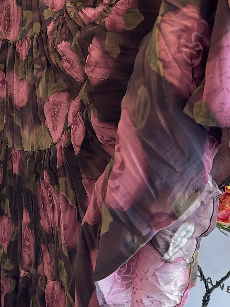 Retro Rose Printed Midi Skirt in - by Malbusaat