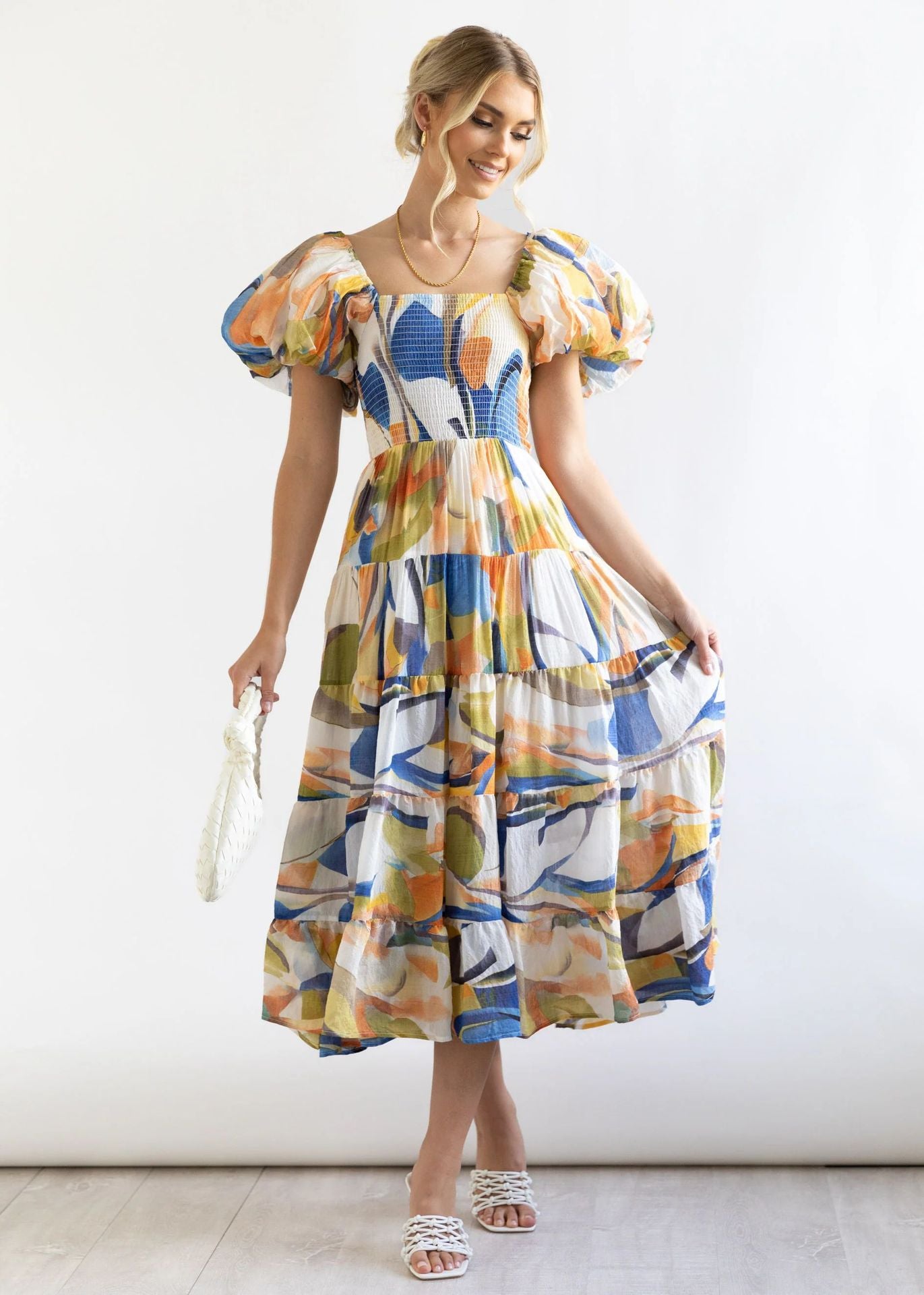 Printed Off-Shoulder Puff Sleeve Maxi in - by Malbusaat