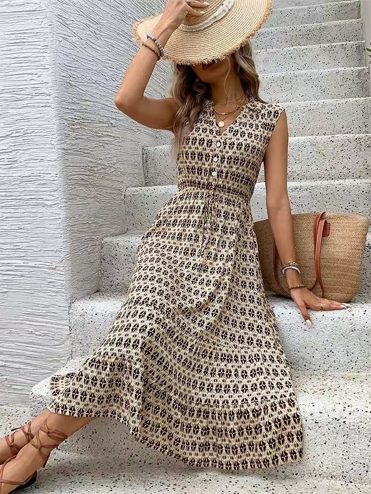 V Neck Suspender Midi Dress with Pockets
