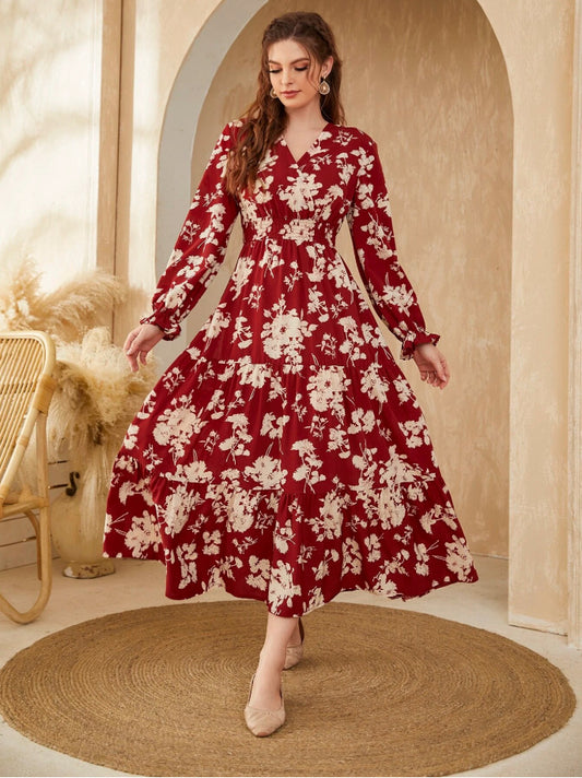 Floral V-Neck Long Sleeve Smocked Tiered Maxi in - by Malbusaat