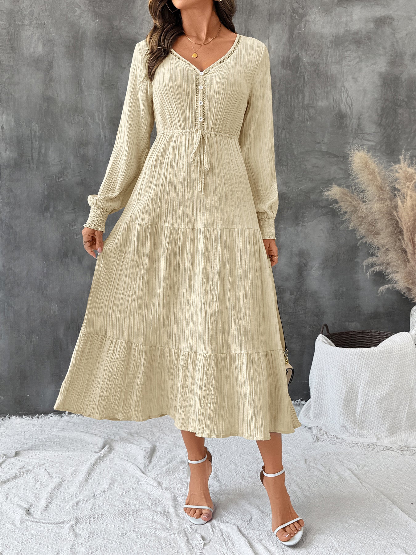 Autumn Pleated V-Neck Maxi Dress