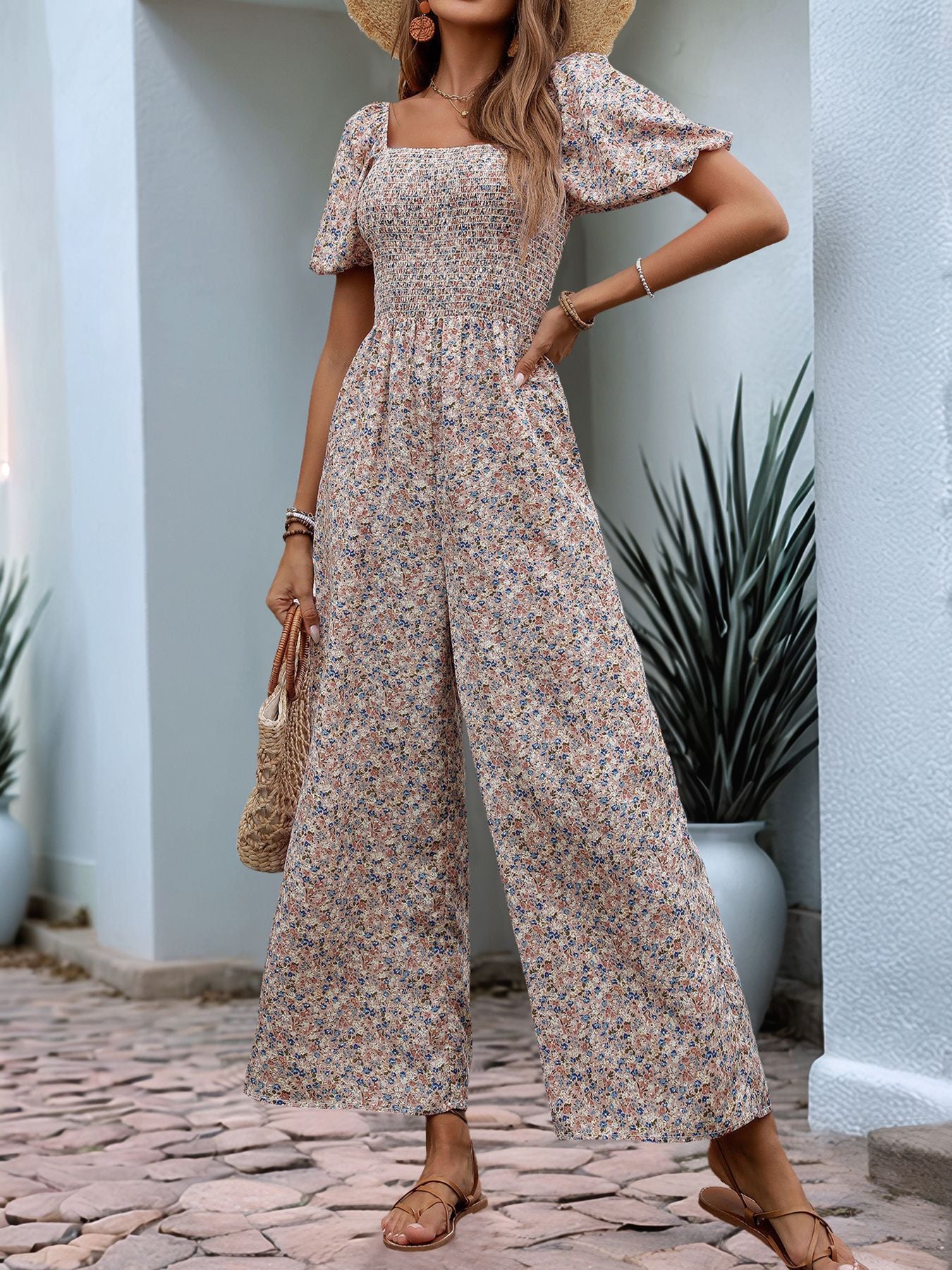 Slim Fit Printed Square Neck Jumpsuit in - by Malbusaat