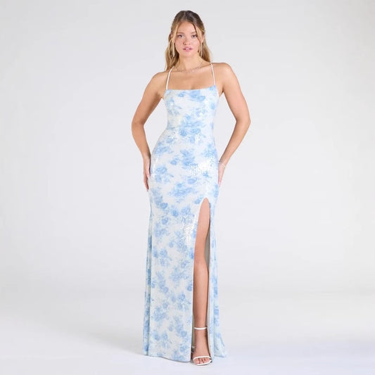 Floral Sequin Split Evening Dress in - by Malbusaat
