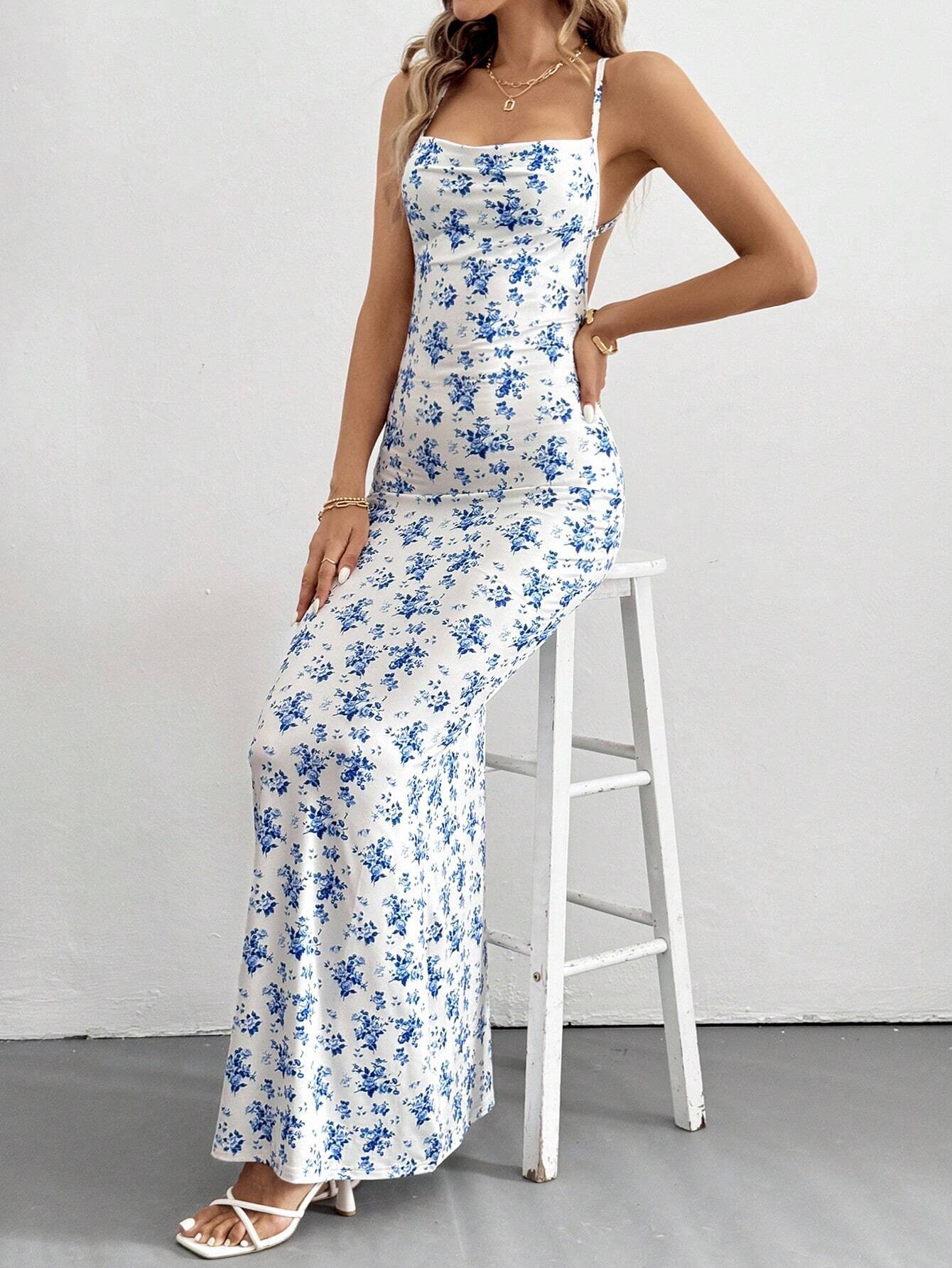 Floral Halter Backless Bodycon Maxi
