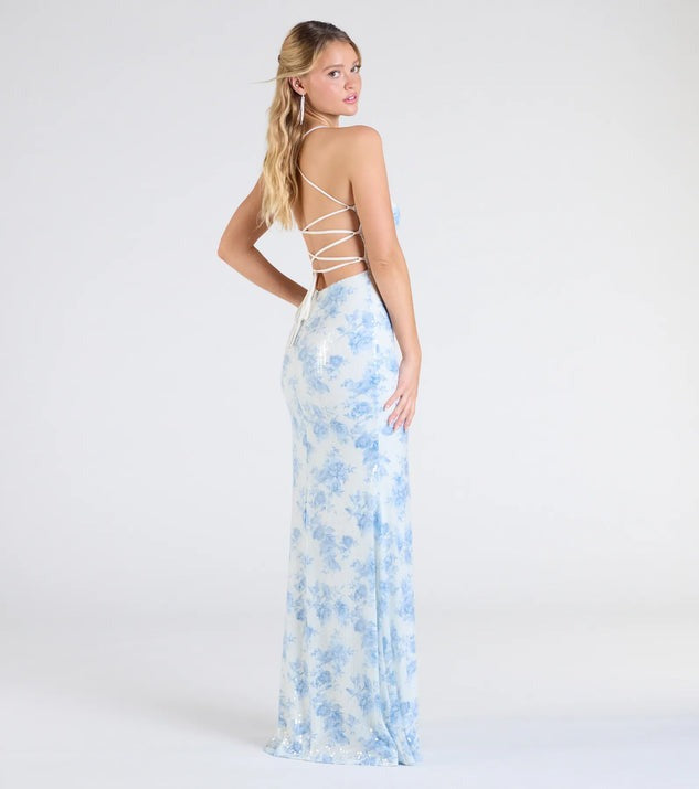 Floral Sequin Split Evening Dress in - by Malbusaat