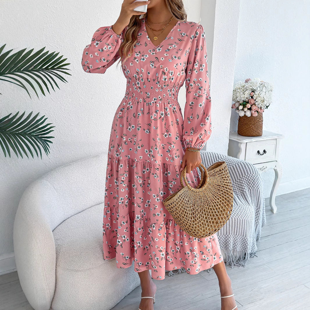 Floral V-Neck Long Sleeve Midi Dress in - by Malbusaat