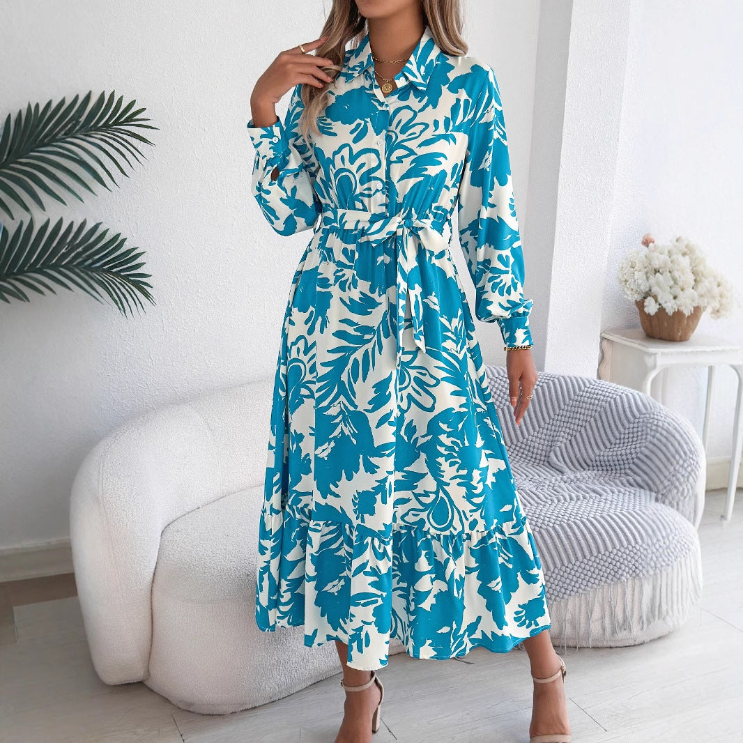 Elegant Floral Long Sleeve Shirt Dress