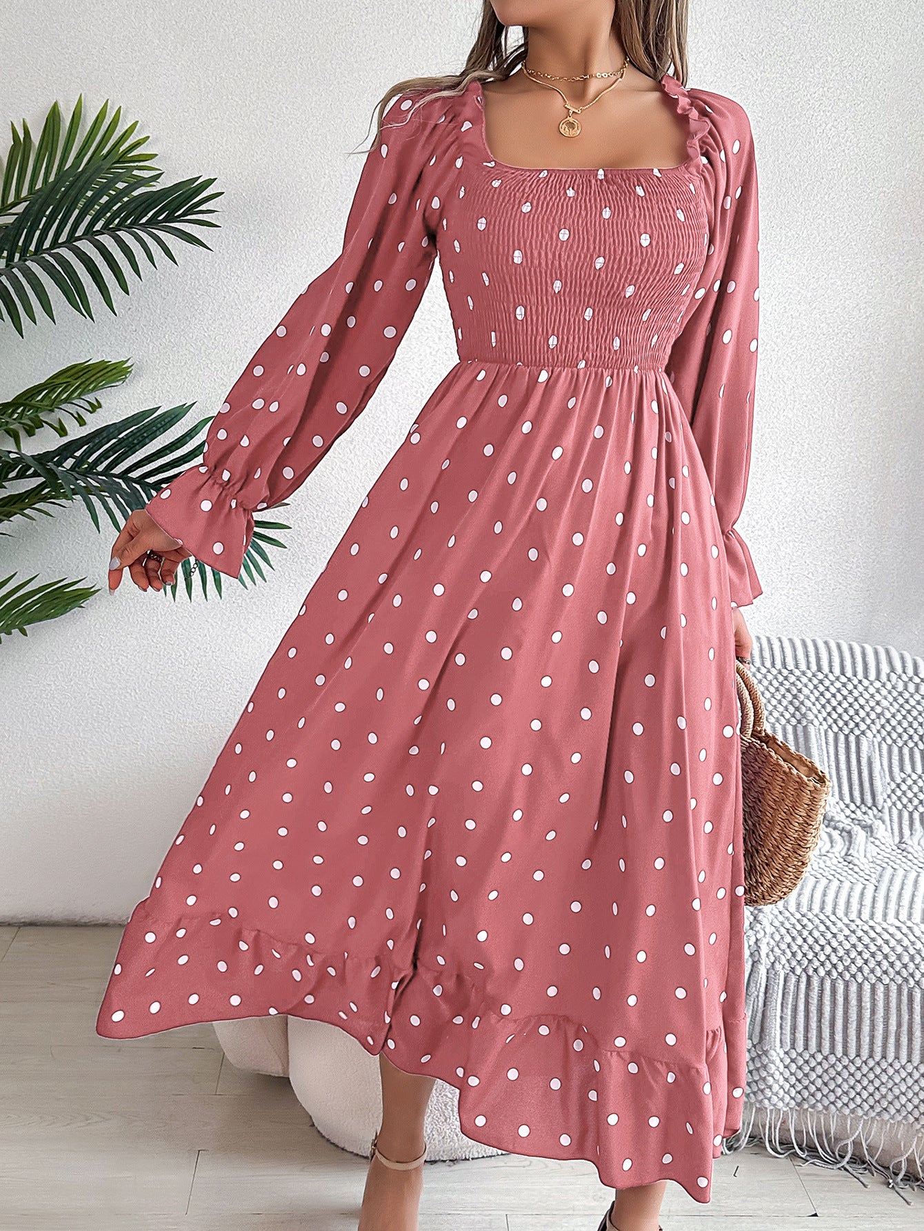 Elegant Polka Dot Maxi Dress in Pink - by Malbusaat
