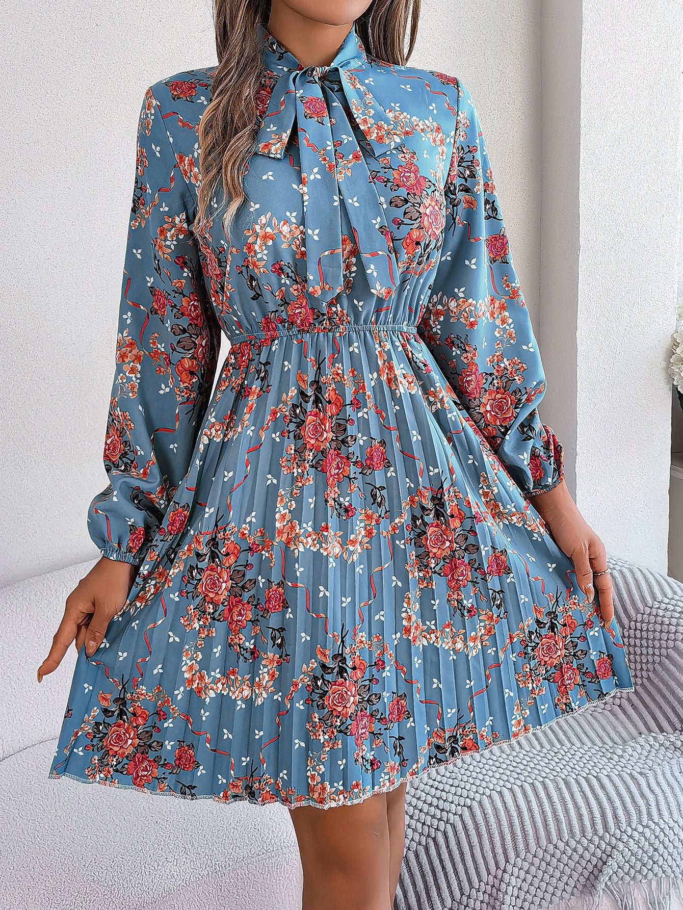 Elegant Floral Lace-Up Waist Dress in Light Blue - by Malbusaat