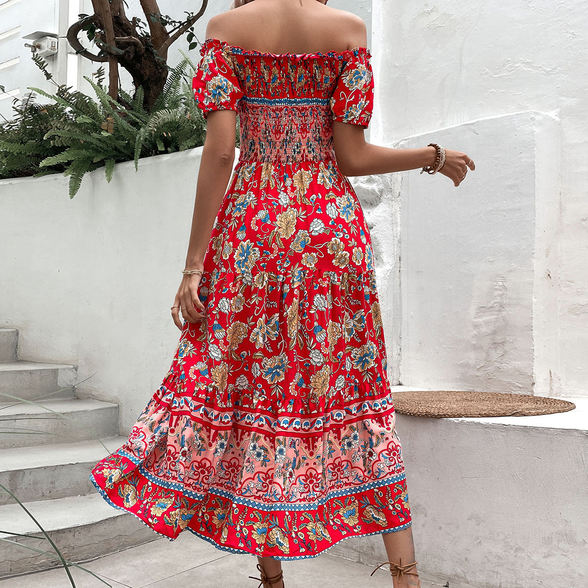 Ethnic Off-Shoulder Floral Midi Dress in - by Malbusaat