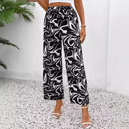 High-Waist Marble Print Straight-Leg Trousers in - by Malbusaat