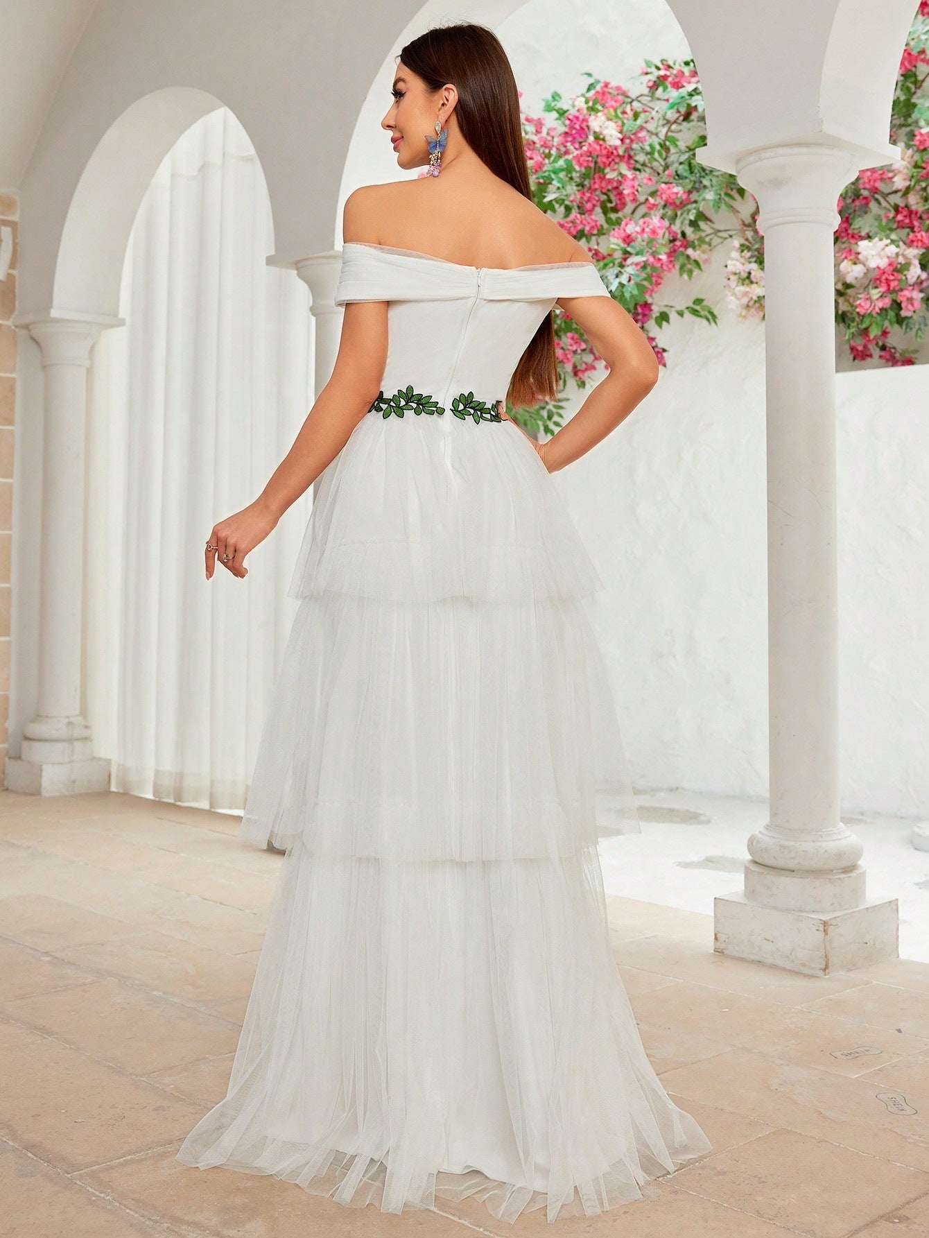 Elegant Off-Shoulder Mesh Maxi in - by Malbusaat