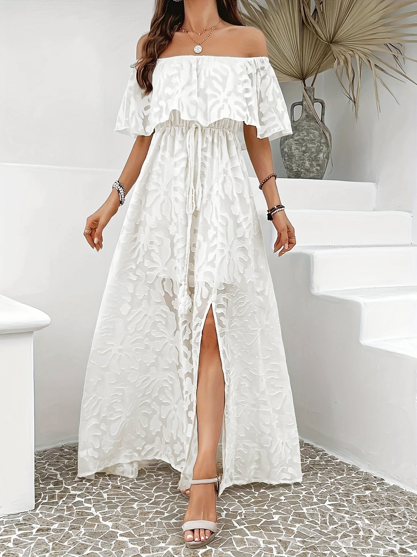 Elegant Off-Shoulder Split Long Jacquard Dress in White - by Malbusaat