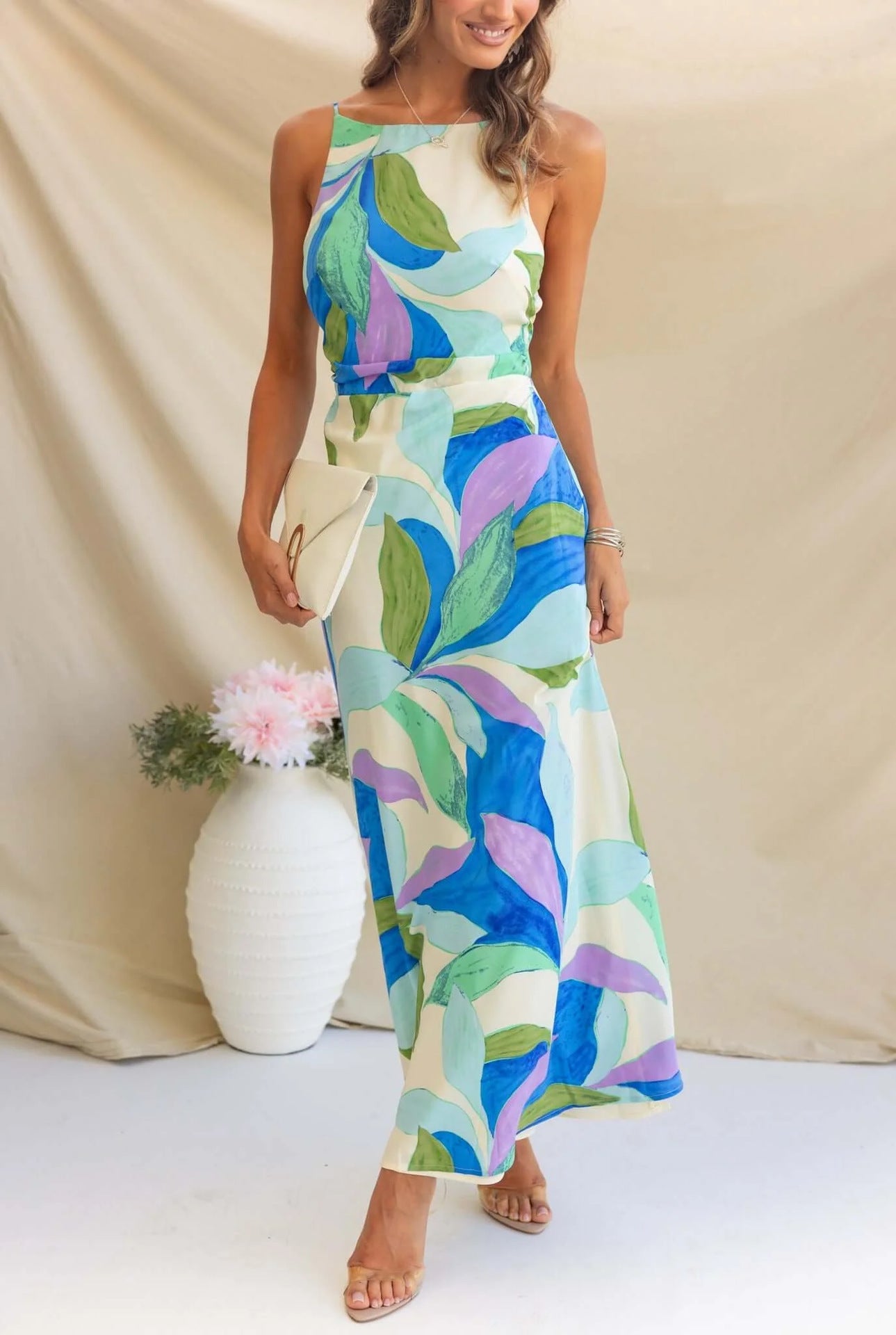 Floral Print Sleeveless Backless Maxi Dress in - by Malbusaat