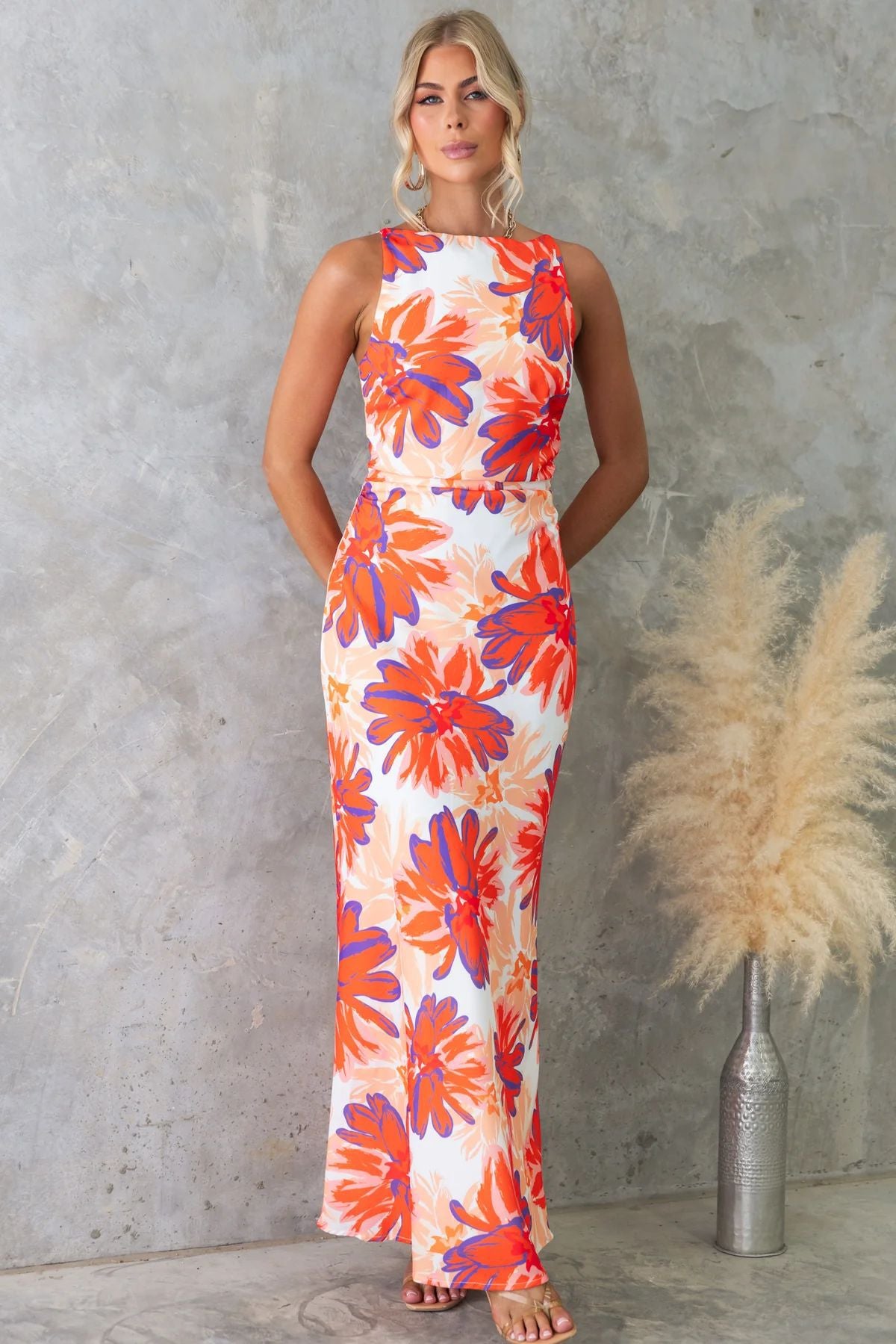 Floral Print Sleeveless Backless Maxi Dress in Orange - by Malbusaat