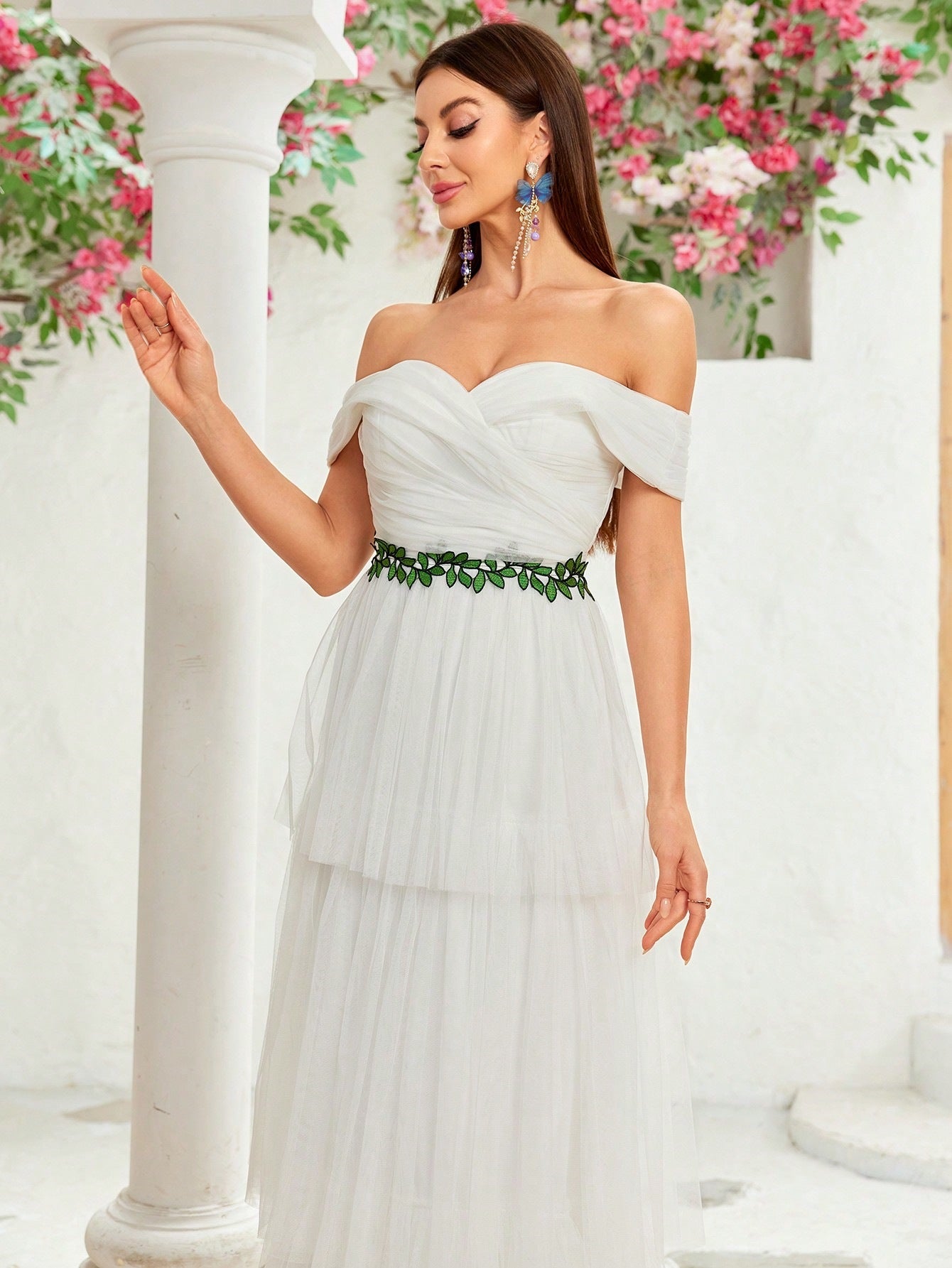 Elegant Off-Shoulder Mesh Maxi in - by Malbusaat