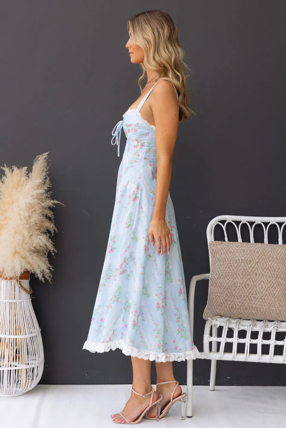 Slim Floral Print Lace Spaghetti Strap Dress