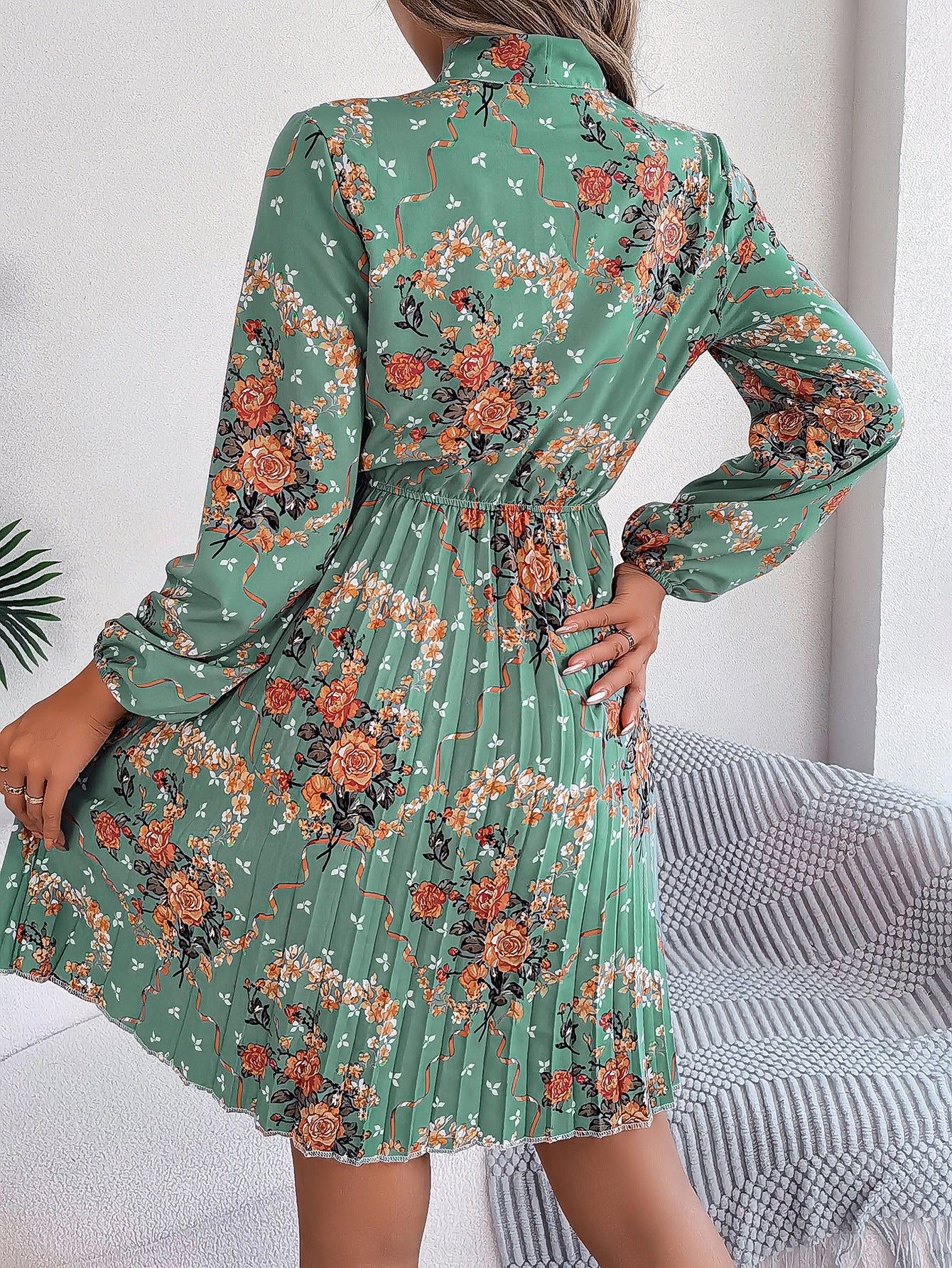 Elegant Floral Lace-Up Waist Dress in - by Malbusaat
