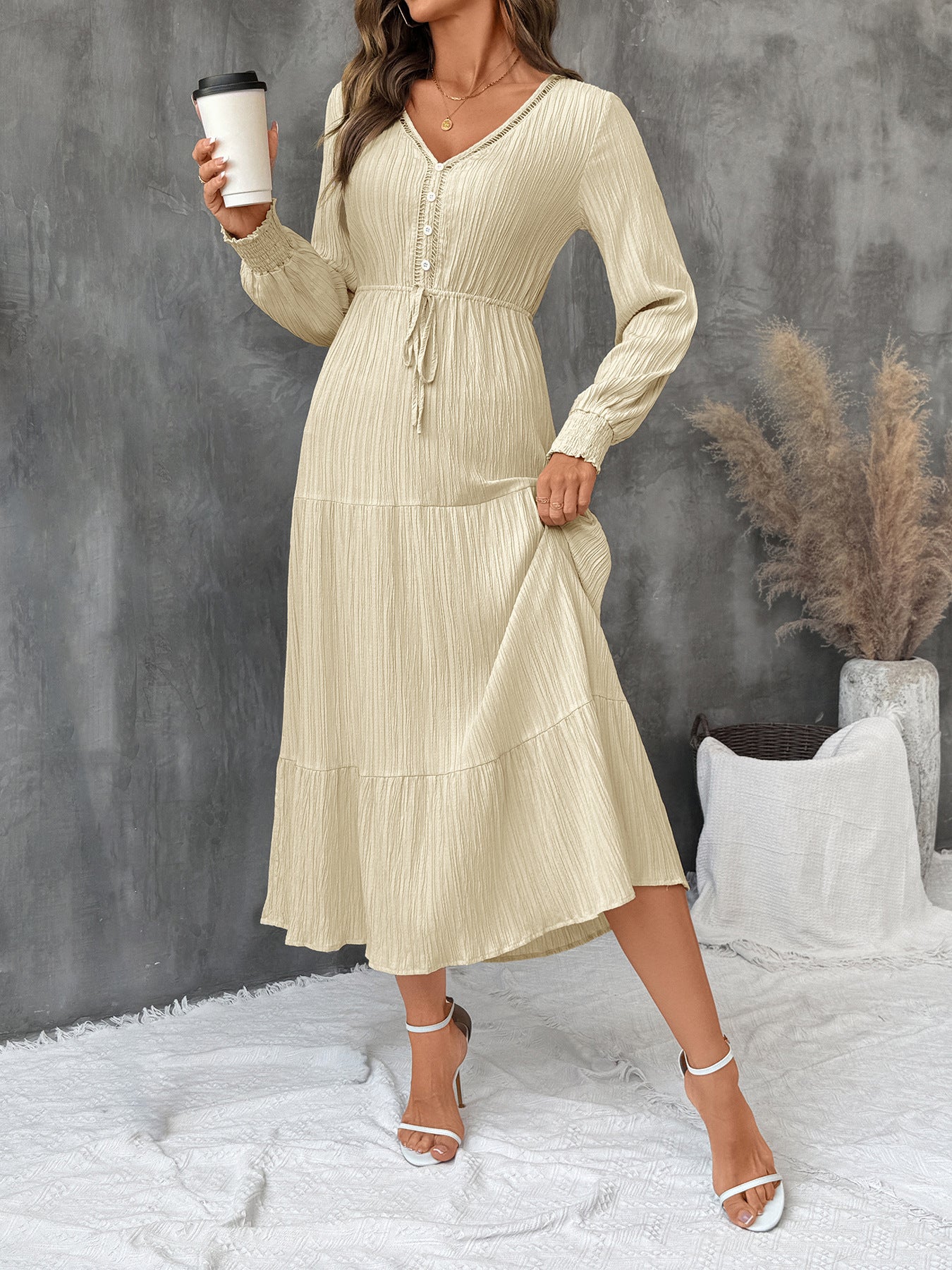 Autumn Pleated V-Neck Maxi Dress