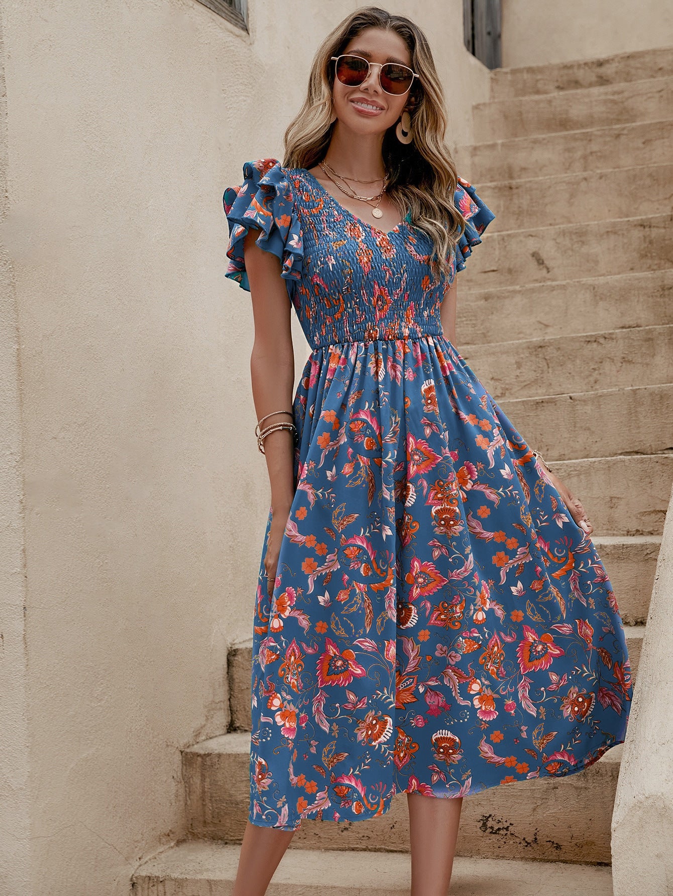 Floral V-Neck Midi Dress