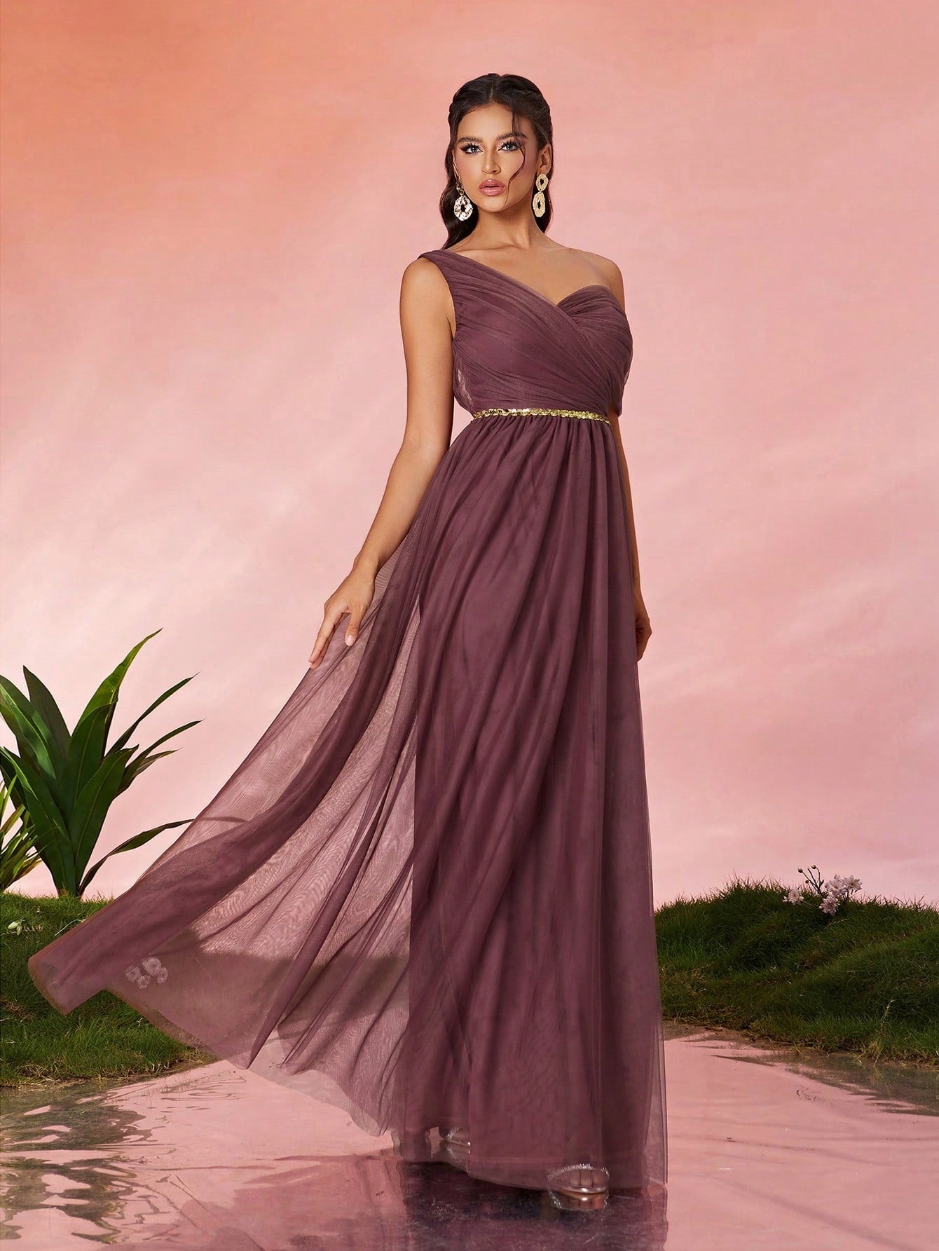 Elegant Purple Asymmetric Cutout Maxi in - by Malbusaat