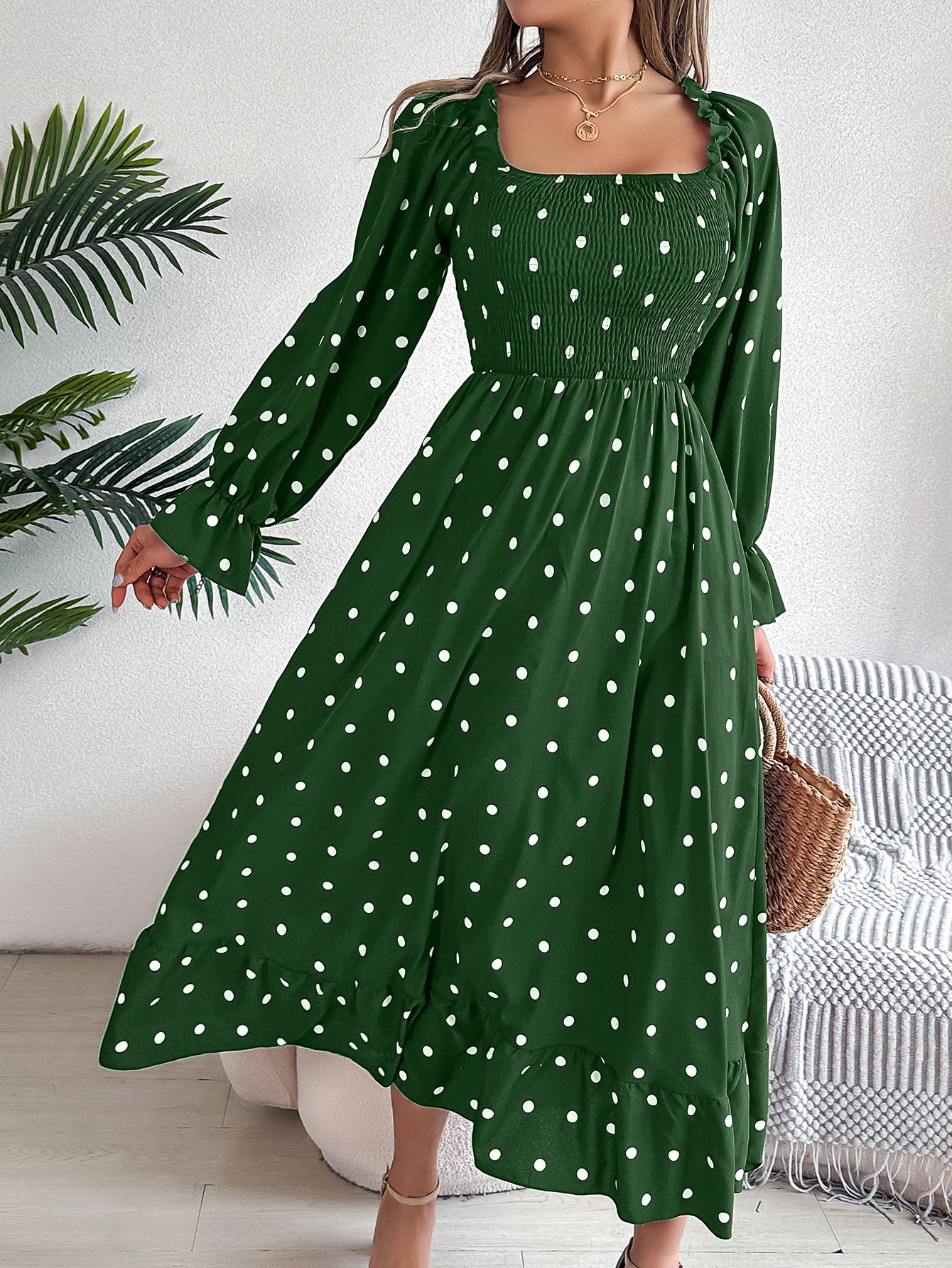 Elegant Polka Dot Maxi Dress in Green - by Malbusaat