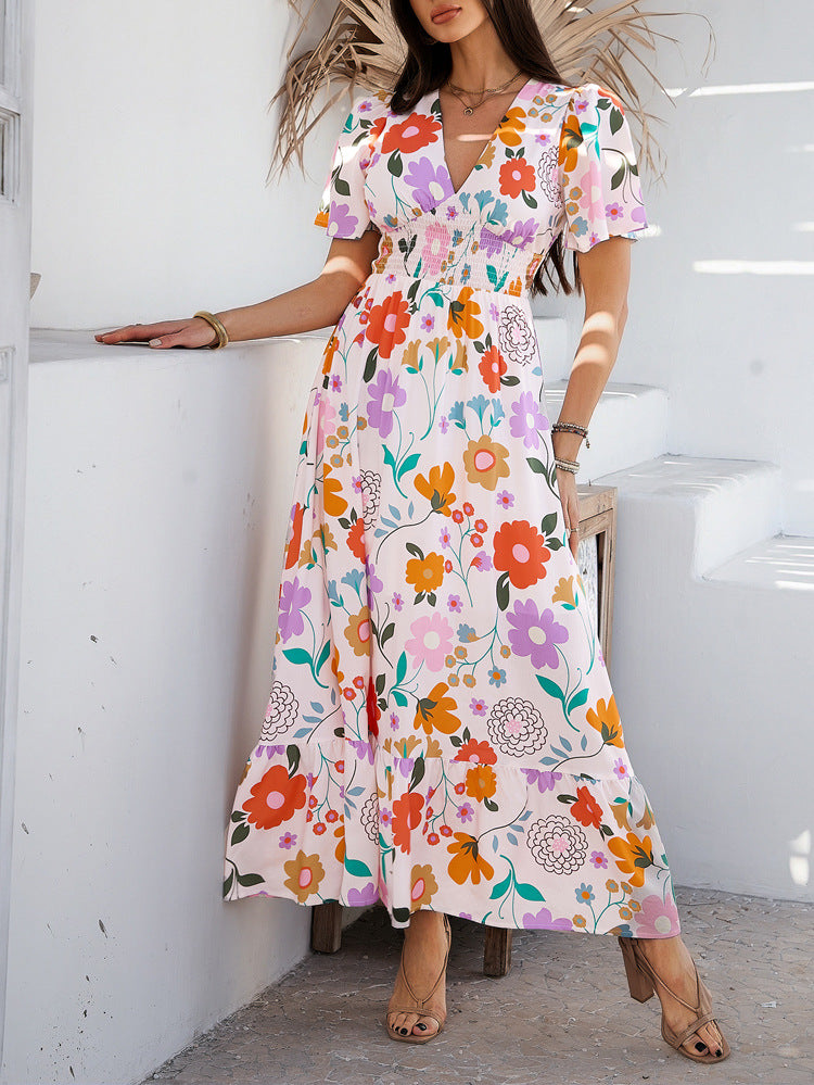 Printed Contrast Color V-neck Maxi in - by Malbusaat