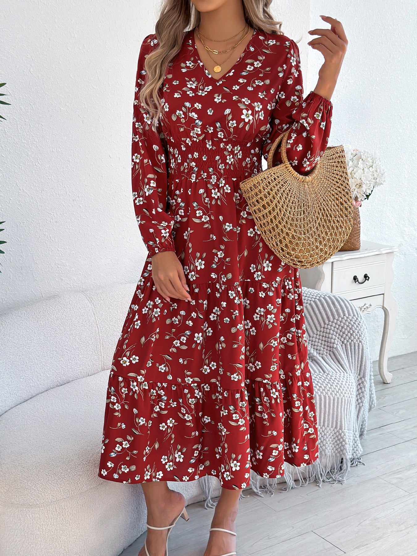 Floral V-Neck Long Sleeve Midi Dress in - by Malbusaat