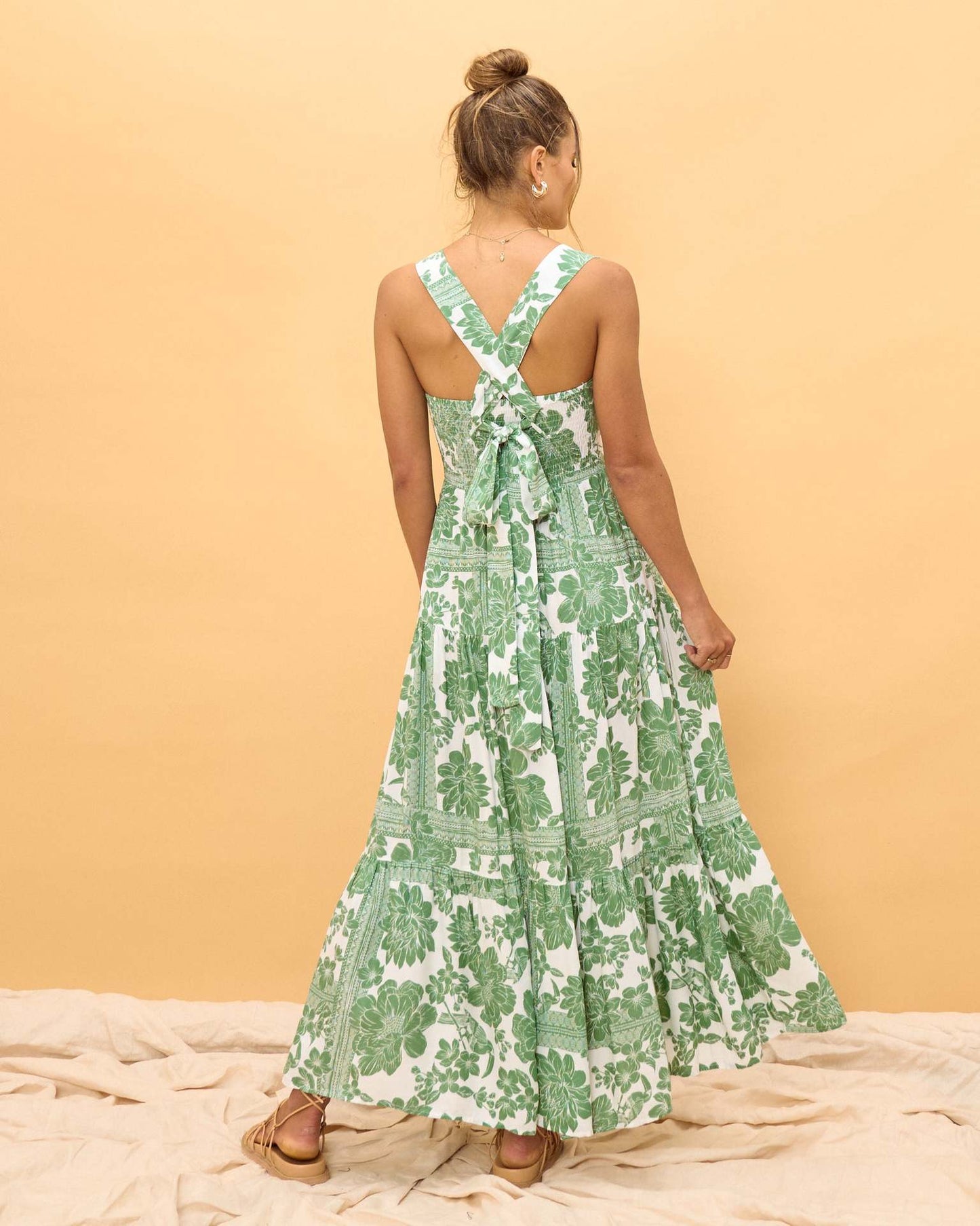 Boho Print Smocked Spaghetti Strap Midi Dress