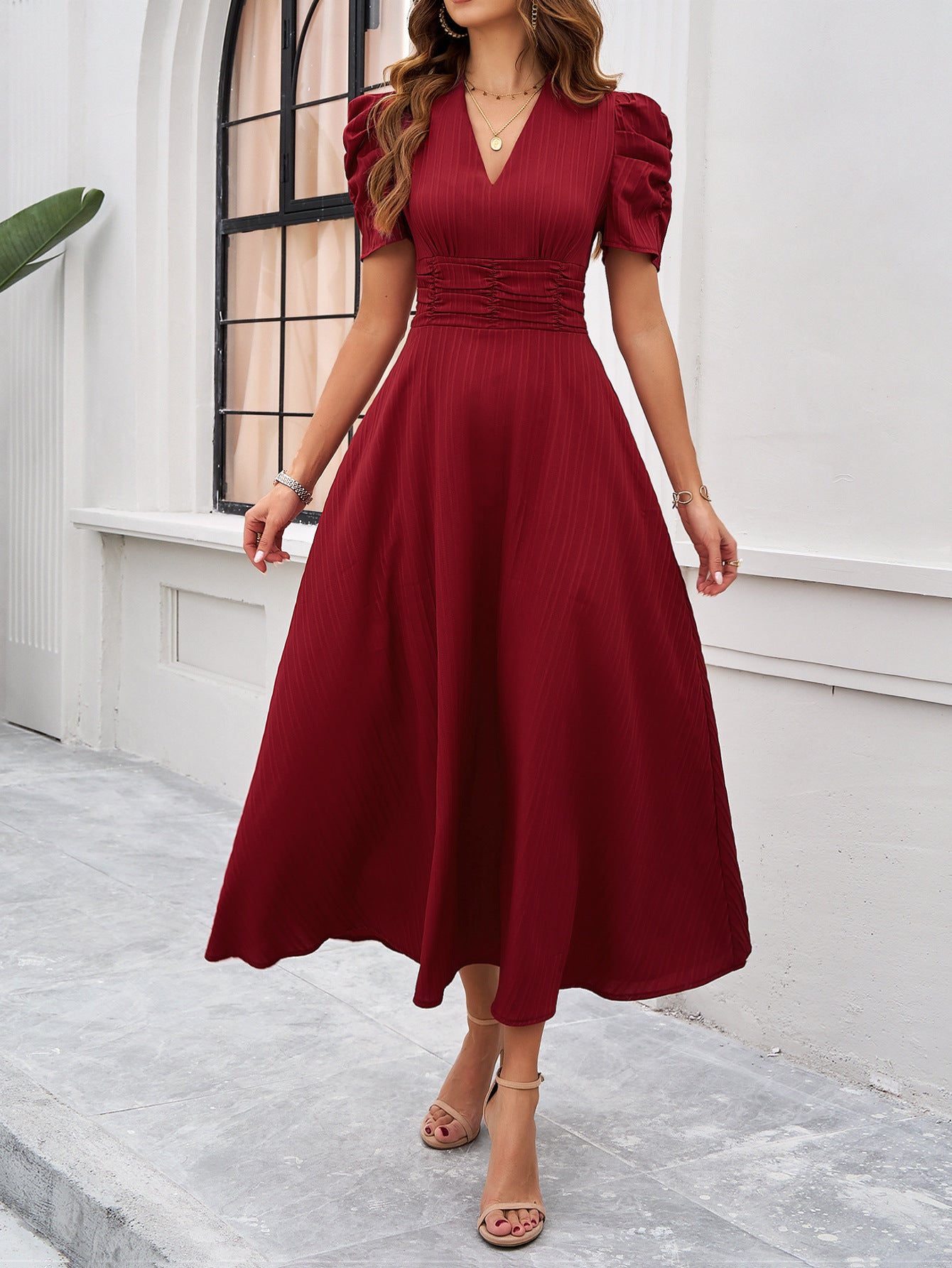 V Neck Short Sleeve High Waist Maxi
