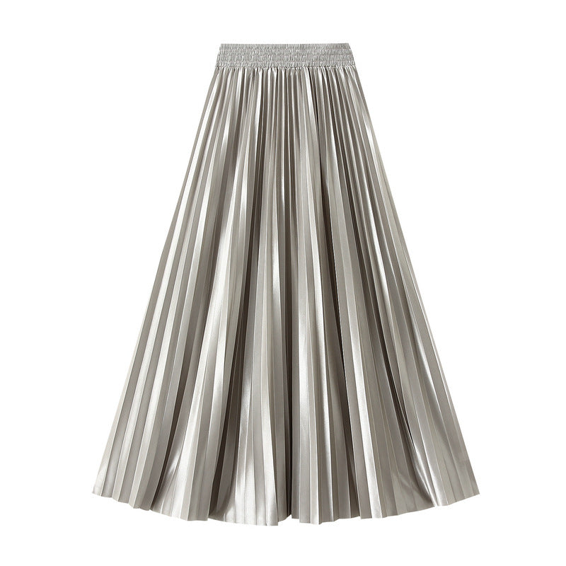 Glossy High-Waist Pleated A-Line Skirt in One Size Gray - by Malbusaat