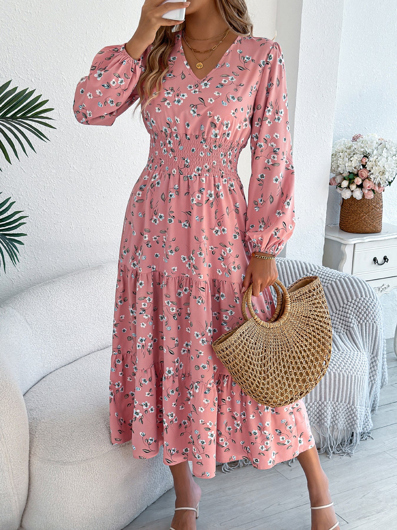 Floral V-Neck Long Sleeve Midi Dress in - by Malbusaat