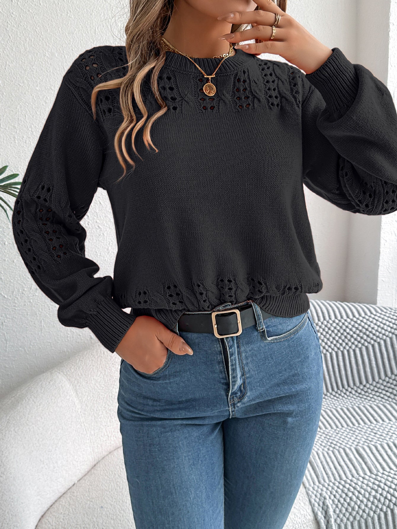 Cutout Lantern Sleeve Pullover in - Sweatshirt by Malbusaat