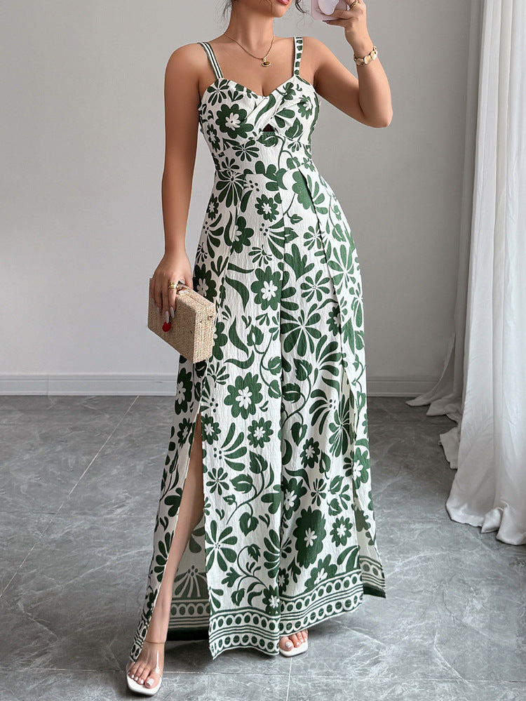 Elegant Printed Sleeveless V Neck Dress