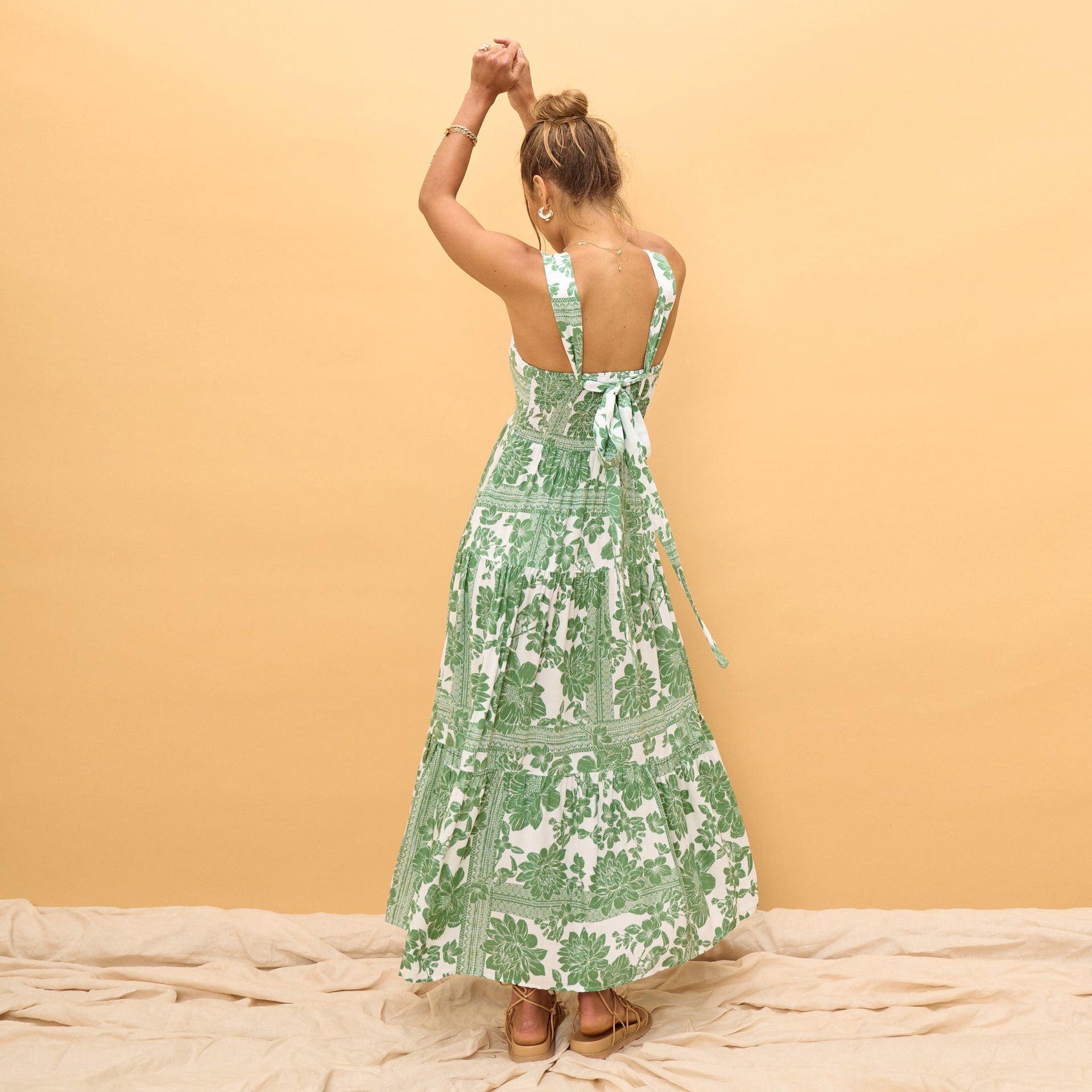 Boho Print Smocked Spaghetti Strap Midi Dress in - by Malbusaat