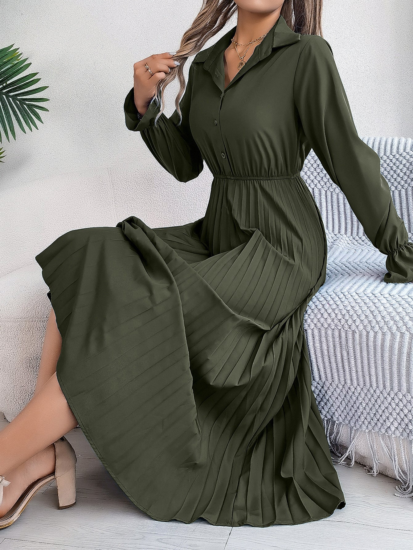 Elegant Collared Maxi Dress in Army Green - by Malbusaat