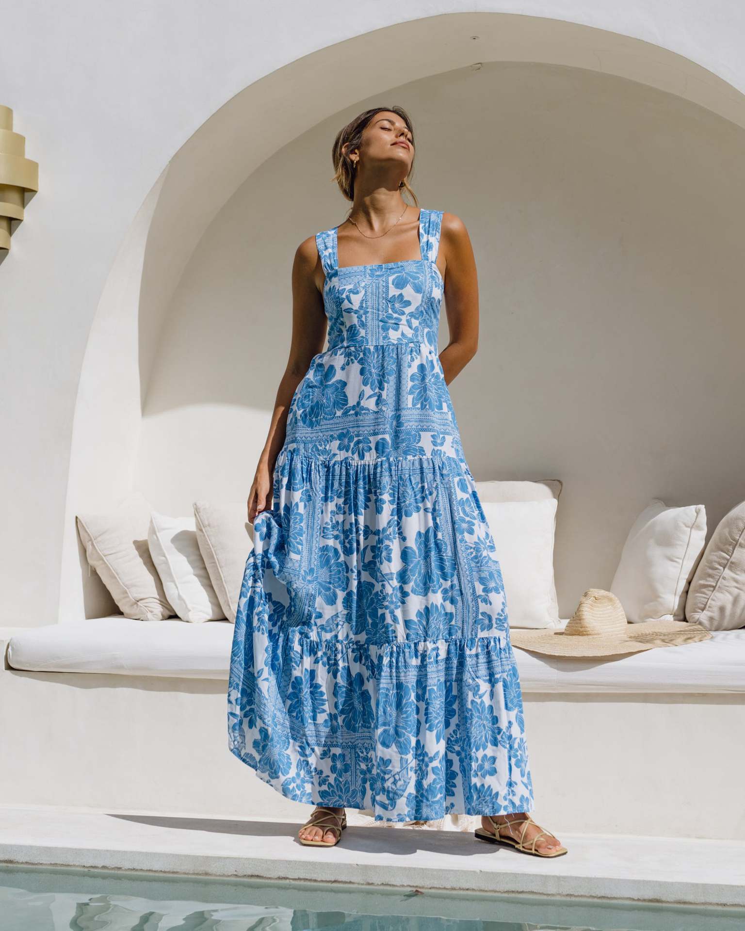 Boho Print Smocked Spaghetti Strap Midi Dress in Blue - by Malbusaat