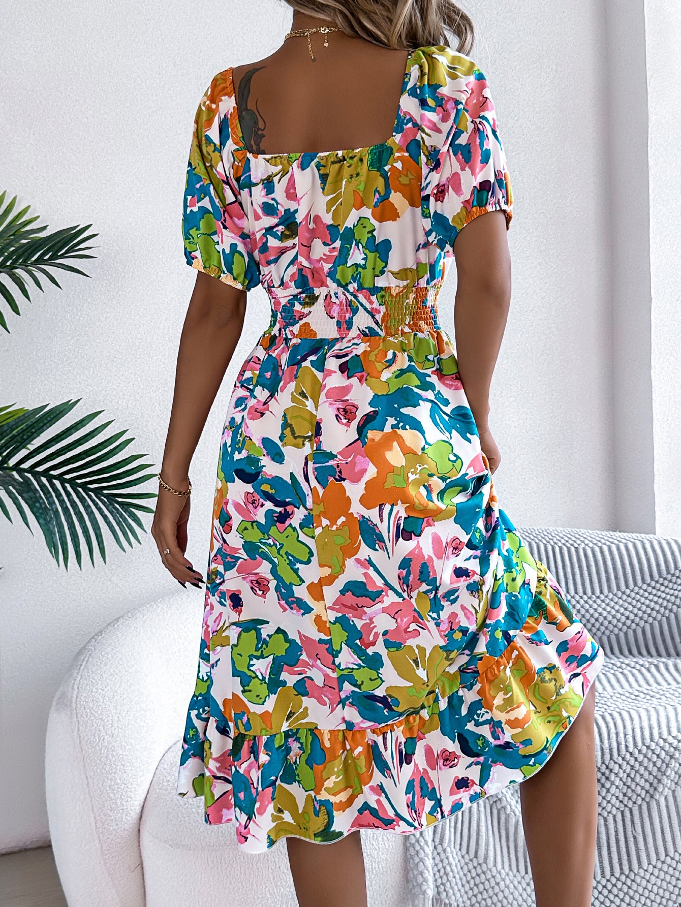 Floral Square Neck Smocked Ruffle Midi A-Line Dress in - by Malbusaat