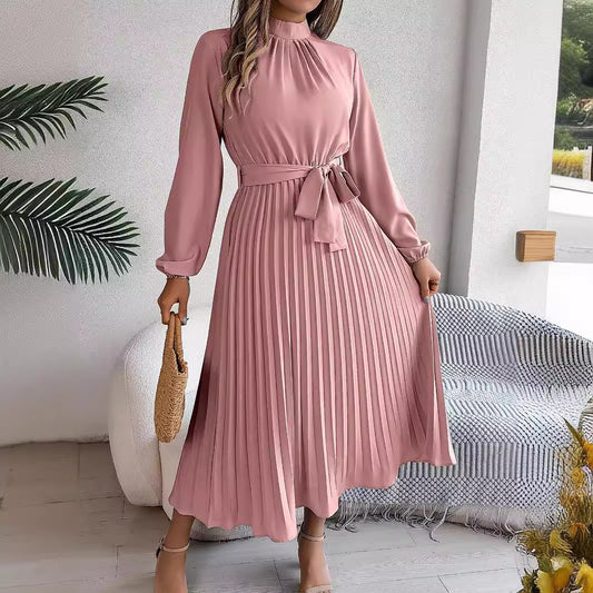 Elegant Stand Collar Pleated Maxi in - by Malbusaat