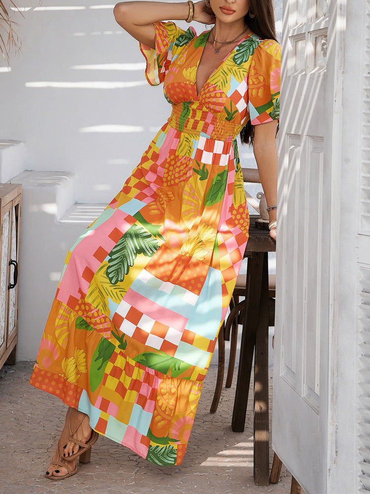 Printed Contrast Color V-neck Maxi in - by Malbusaat
