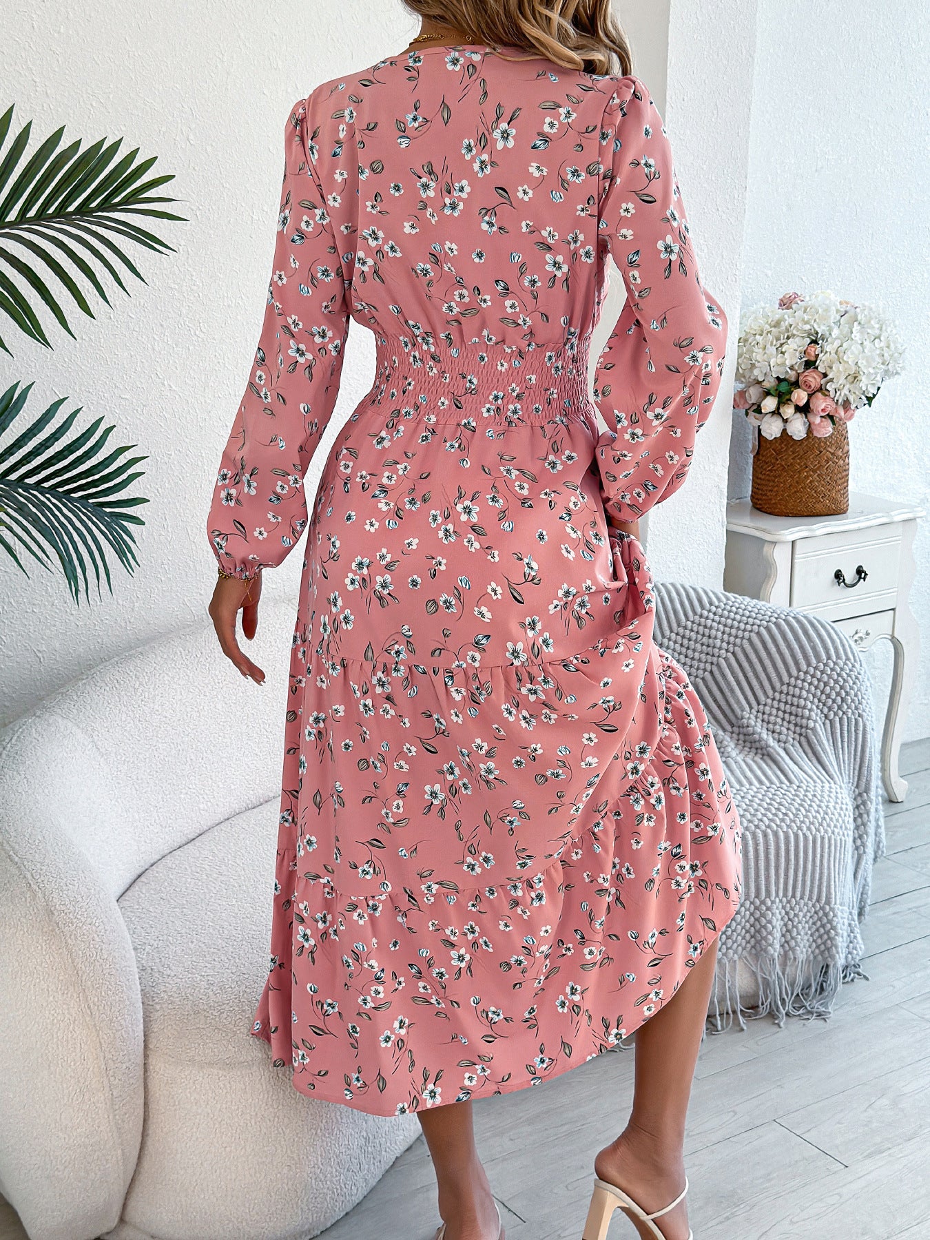 Floral V-Neck Long Sleeve Midi Dress in - by Malbusaat