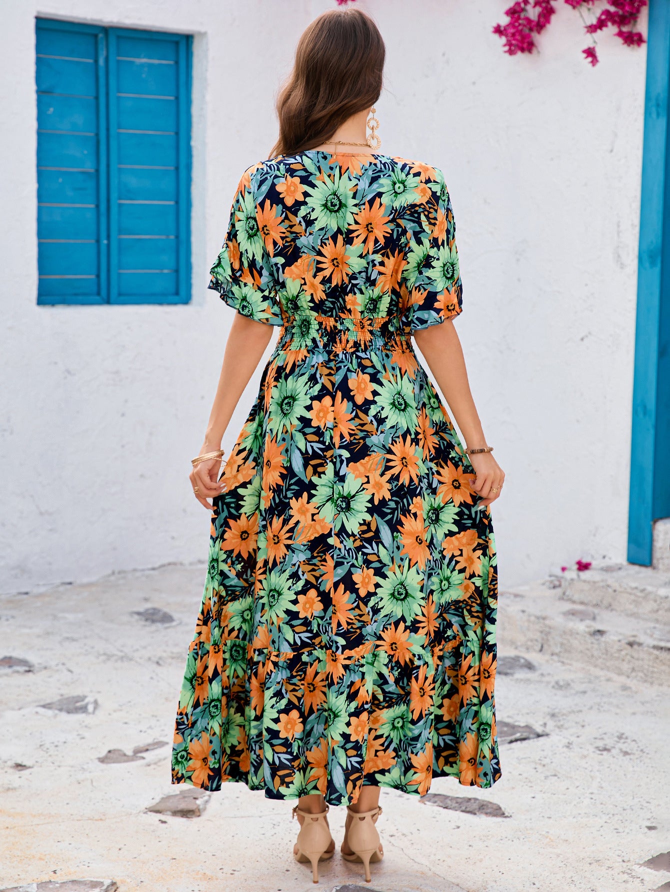 Ruffled V-Neck Short Sleeve Maxi in - by Malbusaat