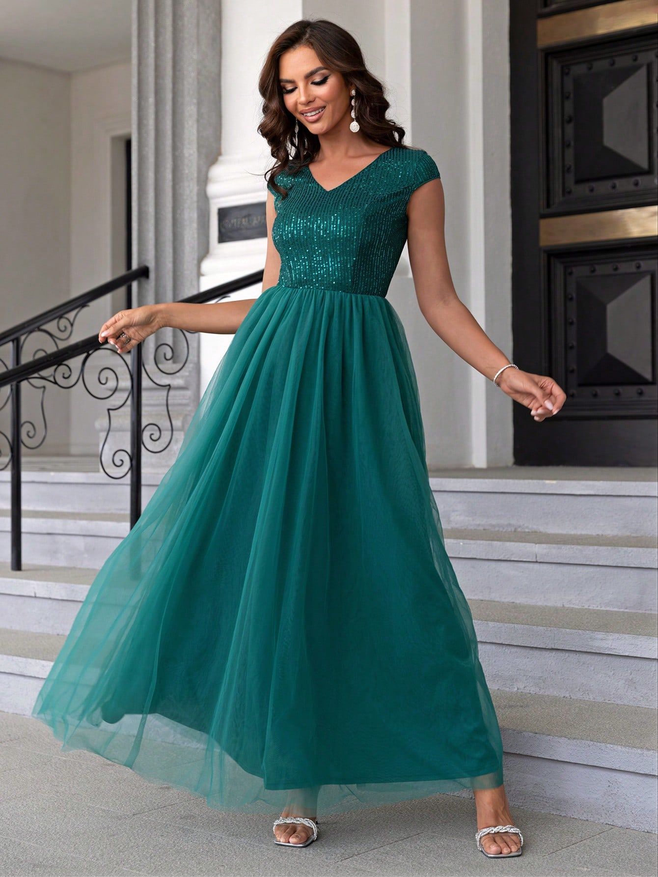 Dark Green Sequin Mesh Maxi in - by Malbusaat