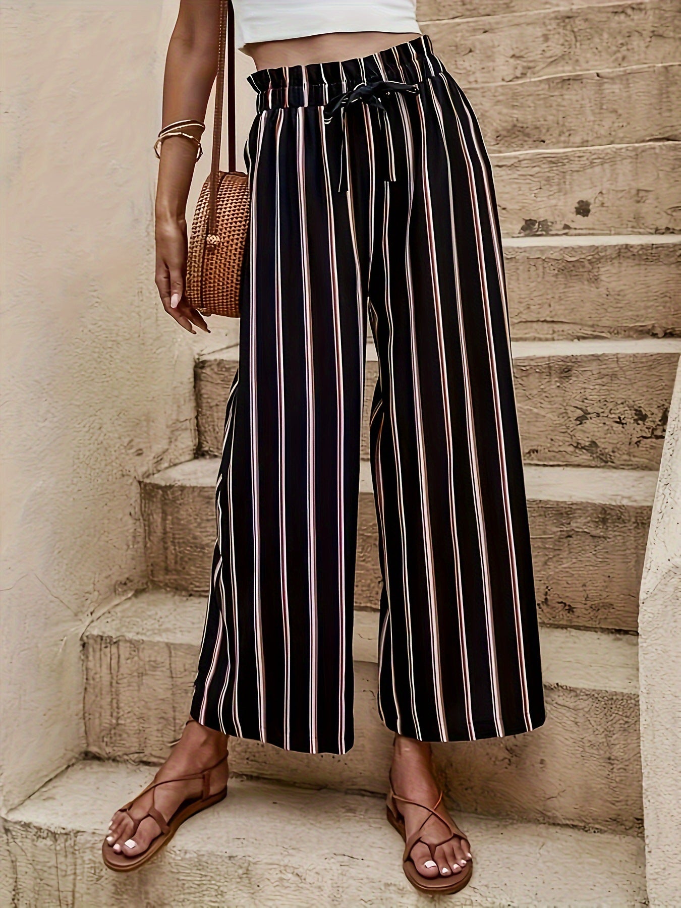 High-Waist Striped Wide-Leg Pants in Black - by Malbusaat