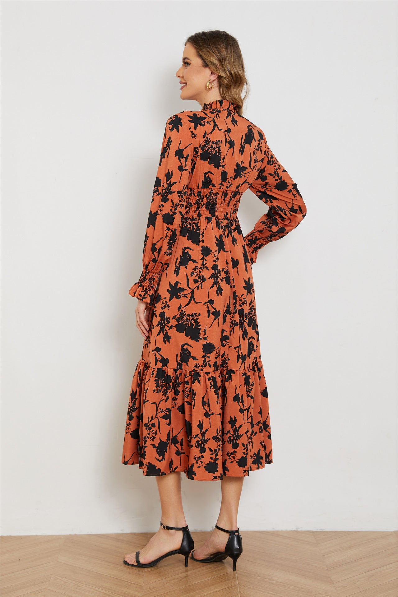 V Neck Long Sleeve High Waist Midi Dress in - by Malbusaat