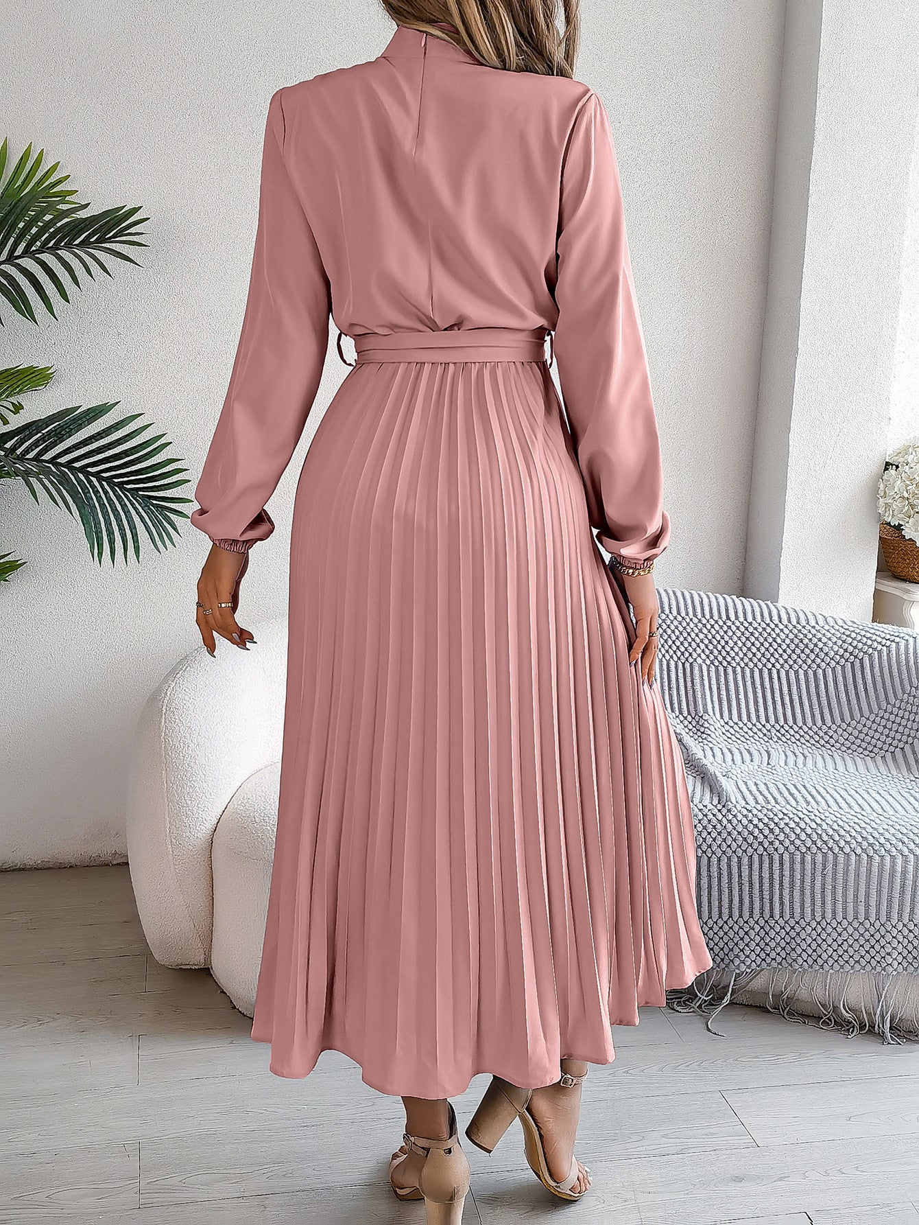 Elegant Stand Collar Pleated Maxi in - by Malbusaat